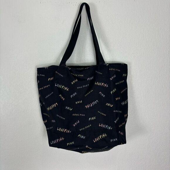 Victoria's Secret Pink Black with Colorful LOVE PINK Rainbow Logos Tote Bag 18 x - Picture 1 of 6